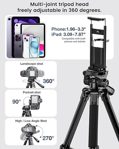 CAMBOFOTO 73" Camera Tripod and Monopod, Professional Aluminum Tripod Stand for Mirrorless Camera/DSLR/Cell Phone/Camcorder/GoPro, with Phone Holder and Travel Bag (Black) thumbnail 5