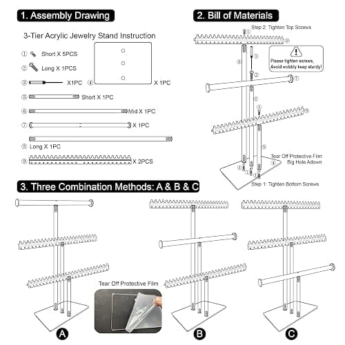lengnoyp Premium Jewelry Stand, Earring Holder, Necklace Holder Stand, Clear 3-Tier Acrylic Large Storage Jewelry Organizer Stand & Bracelet/Bangles Stand, 48 Earring Holes Display Stands thumbnail 6