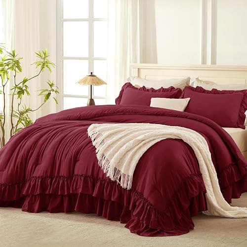 Andency Burgundy Comforter Set Queen Size, Lightweight Fluffy Farmhouse Ruffle Bedding Set, Soft Polyester All Season Shabby Chic Bed Comforter Set 3 Pieces(1 Comforter 2 Pillowcases) - Image 1