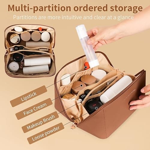 zaleeta Travel Makeup Bag, Large Capacity Cosmetic Organizer Bags for Women, Waterproof PU Leather Toiletry Bags, Wide Open Flat Makeup Case with Divider and Handle thumbnail 4