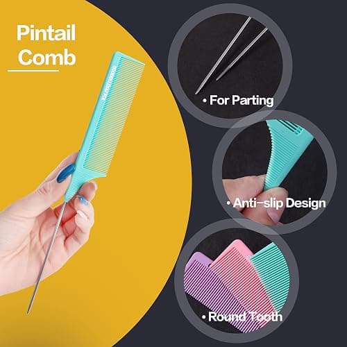 Goodofferplace 3 PCS Rat Tail Combs with Metal Pick for Braiding,Parting | Parting Rattail Teasing Comb,for Women Girls Curly Hair Detangling,Fine Tooth Comb for Salon Styling Tool(Pink Purple Green) thumbnail 3