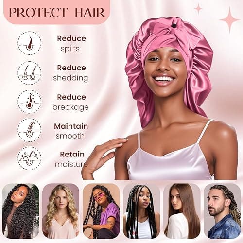 2 Pcs Long Satin Bonnet, Braid Cap for Women, Silk Bonnet for Braids Curly Hair with Tie Band(Black&Rose Red) thumbnail 3