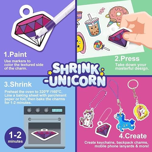 89PC DIY Unicorn Shrink Plastic Art Kit - 46 Pre-Cut Shapes, 12 Markers & Accessories - Make Charms, Keychains & Tags - No-Mess Craft for Kids - Birthday Gift with Shrinky Plastic Sheets thumbnail 4