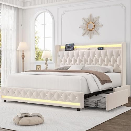 HIFIT King LED Bed Frame with Charging Station and 4 Storage Drawers, Velvet Upholstered Platform Bed with Handcrafted Crystal Button Wingback Headboard, Metal Frame with No Box Spring Needed, Beige - Image 1