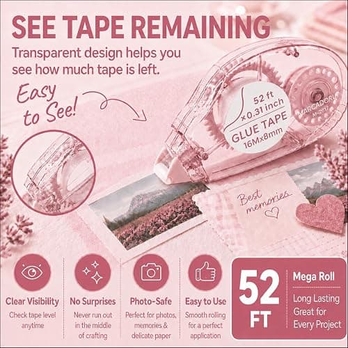 MARCADORUS Double Sided Tape Roller, Scrapbook Glue Tape 6 Pack, Extra-Long | 52 Ft x 0.31 In Each, 312 Ft Total; Permanent, Acid-Free, Photo-Safe Tape for Scrapbooks, Journals, Cards & Crafts thumbnail 4