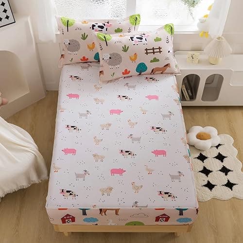 qjmiaofang 4Pcs Girl Zip Up Bedding Twin for Girls Farm Animal Comforter Set Kids All in One Zipper Bedding with Cow Sheets All Season Farmhouse Animal Zippered Bed Set with Fitted Sheet Decor thumbnail 4