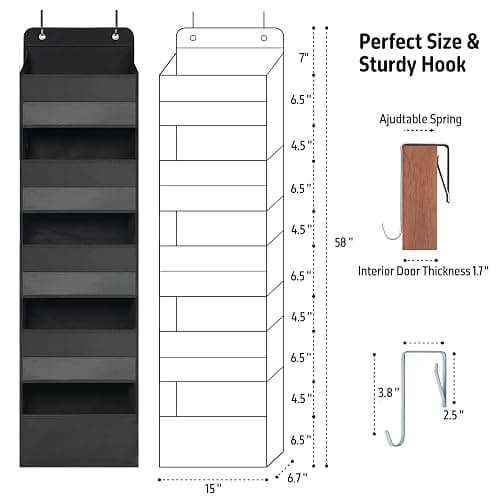TYMENSH Over Door Organizer with 5 Large Pockets, Heavy Duty Hanging Organizer Storage, Closet Bathroom Nursery Bedroom Dorm, Toys Cosmetics Sundries and Baby Essentials, Black thumbnail 2