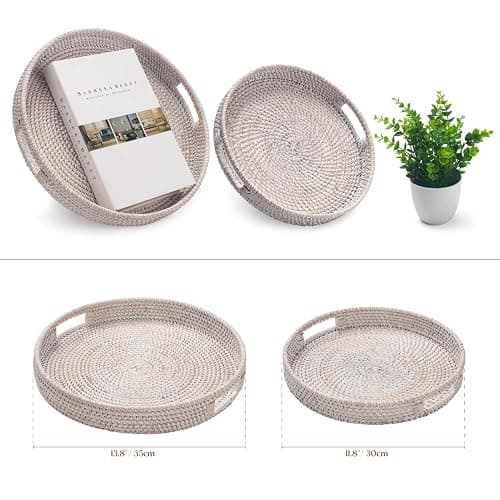 13.8 inch Round Rattan Tray, Decorative Coffee Table Tray, Ottoman Tray, Woven Serving Tray with Handles, Wicker Serving Basket, Whitewash thumbnail 5
