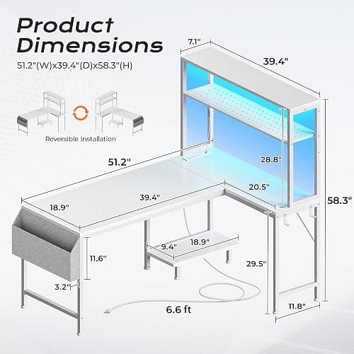 PRAISUN L Shaped Gaming Desk with LED Lights & Power Outlets | Reversible Computer Desk with Storage Shelves & Bag, Large Corner Home Office Desk with Pegboard for Work from Home, White thumbnail 2
