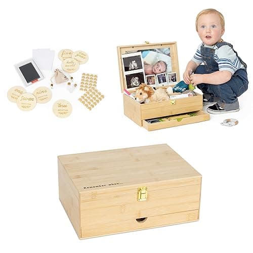Baby Keepsake Box with 5 Additional Memory Items – Bamboo Memory Box for Baby Girls & Boys – Handprint Kit, Milestone Discs, Photo Corners, Glass Vials, Burlap Bag thumbnail 3