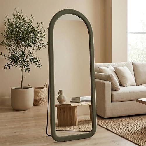 NEUWEABY Full Length Mirror 56"x20" Arch Floor Mirror with Stand Arched Full Body Mirror Standing Hanging or Leaning Against Wall for Bedroom Flannel Wrapped Wooden Frame, Green thumbnail 4