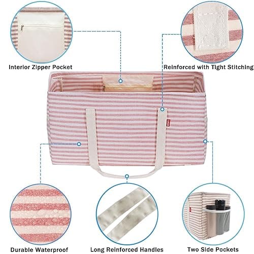 LHZK Standing Extra Large Utility Tote Bag with Metal Wire Frame and the Sides Rinforced, Extra Large Tote Bag with Handle, Reusable Grocery Bags Foldable, Beach Bag, Car Tote (Pink) - Pink - 22.5''x10.5''x12''-1 Pack thumbnail 5