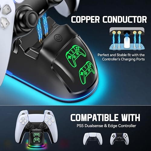 Rysker Controller Charger for PS5, Dual Charging Dock Station for PlayStation 5 Dualsense & Edge with RGB Light, Fast PS5 Dual Controller Charging Station with Cable Black for PlayStation Consoles thumbnail 5
