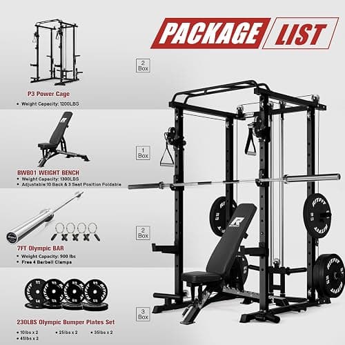 RitFit Multi-Function Garage & Home Gym Package Includes 1200LBS Power Cage PPC03/P3 with Cable Crossover System, Weight Bench, Olympic Barbell Weight Set, Full Body Workout thumbnail 2