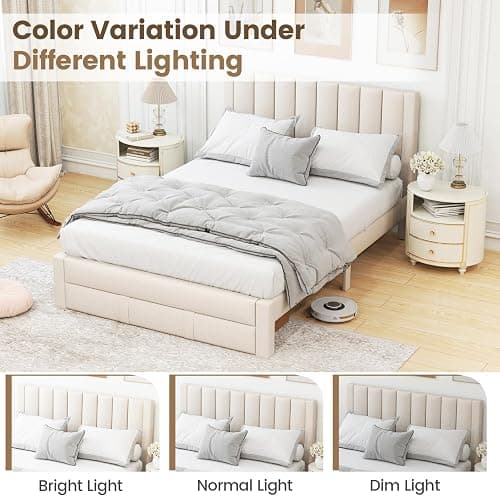 Giantex Queen Size Bed Frame with Storage Drawer, Upholstered Velvet Platform Bed with Vertical Channel Headboard, Wooden Slats Support Mattress Foundation, No Box Spring Needed, Beige thumbnail 8