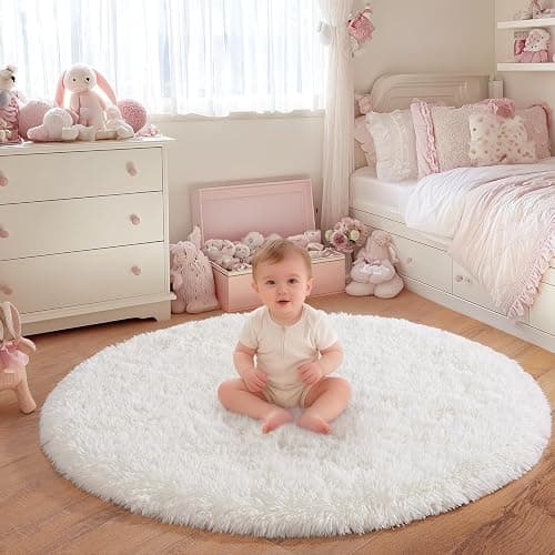 PIPABOBO Small Round Rug 3ft, Fluffy White Circle Rugs for Bedroom, Cute Plush Shag Area Rug Non Slip, Modern Indoor Carpet for Living Room Girls Kids Room Nursery Playroom Dorm Home Decor thumbnail 6
