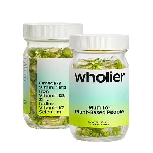 wholier Multi for Plant Based People, Multivitamin for Men & Women, Omega 3 DHA + EPA, Vitamin B12, D3, Iron, Iodine, Zinc, Selenium, K2 for Overall Wellness Support, Vegan, Gluten Free, 60 Capsules - Image 1