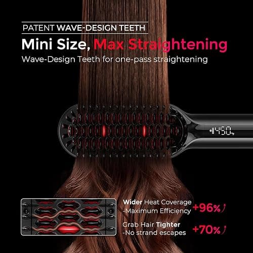 TYMO Hair Straightener Brush - Upgraded Ionic Compact Straightening Brush for Women with Wave-Design Bristles, Fast, Smooth Styling, Lightweight Hot Comb & Travel Flat Iron, 1 Billion Ions, Black thumbnail 3