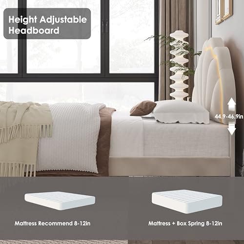 HIFIT Queen Upholstered Smart LED Bed Frame with Adjustable Chic Petal Headboard, Soft Princess Queen Size Platform Bed Frame for Girls, Wooden Slat Support, No Box Spring Needed, Easy Assembly, Beige - Queen - Beige thumbnail 5