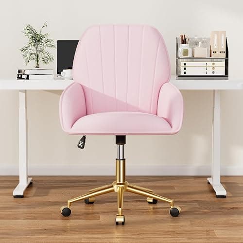 Pink Velvet Desk Chair with Pillow, Upholstered Home Office Desk Chair Makeup Vanity Chair with Swivel Wheels, Ergonomic Office Chair Computer Task Chair for Living Room, Bedroom thumbnail 8