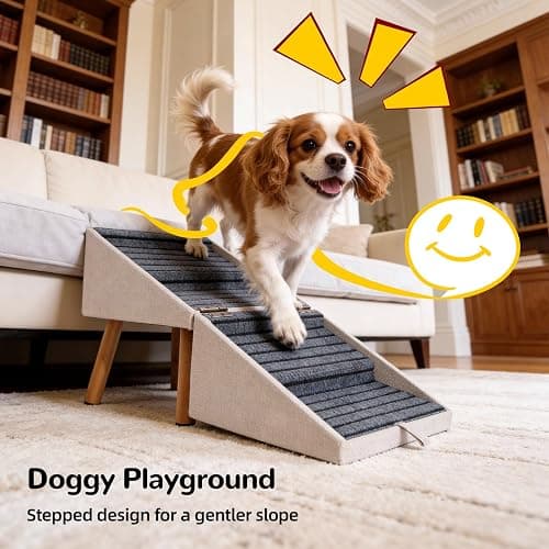 Dog Stairs for Small Dogs, 2-in-1 Foldable Pet Ramp and Ottoman, 17.13" H | Non-slip carpeted steps, solid wood support, gentle incline for couches, and a foldable ottoman design for compact storage. thumbnail 7