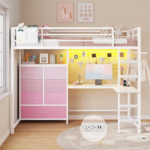 DICTAC Twin Size Loft Bed with L-Shaped Desk and 7 Storage Drawers,Metal Twin Loft Bed for Kids with LED Lights & Charging Station,Girls loft beds with 13.11" H Safety Guardrail and Stair,White+Pink - Image 1