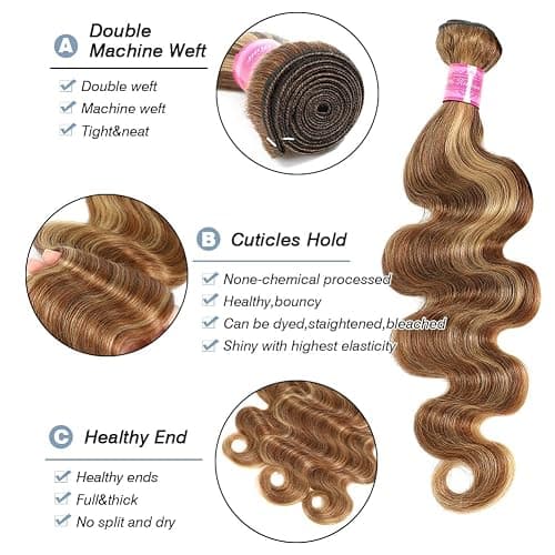 Honey Blonde Highlight Human Hair Bundles 100% Unprocessed Brazilian Virgin Hair Ombre Highlight Body Wave 3 Bundles Human Hair Weft Extensions Piano Color thumbnail 3