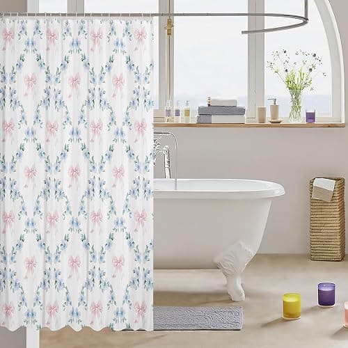 Erosebridal Pink Kawaii Ribbon Bow 72" Wx72 L Shower Curtain for Kids Girls Teen Adults,Blue Flowers Plaid Bowknot Bath Curtain Cute Girly Bow Bathroom Curtains Plant Floral Leaves Bathtub Curtains thumbnail 3