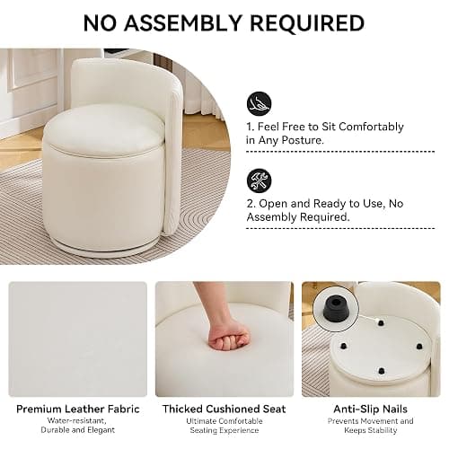 WUTUTUEE Leather Vanity Chair with Storage, 360° Swivel Makeup Chair with Pleated Back, No Assembly Small PU Accent Stool for Bedroom, Dressing Room, Living Room, White thumbnail 4