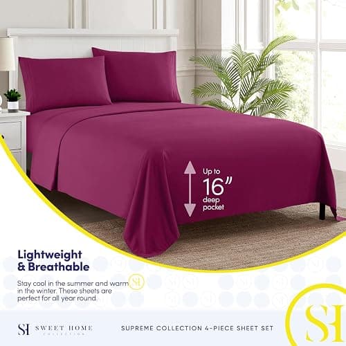 Queen Size Bed Sheets - Breathable Luxury Sheets with Full Elastic & Secure Corner Straps Built In - 1800 Supreme Collection Extra Soft Deep Pocket Bedding Set, Sheet Set, Queen, Berry thumbnail 3