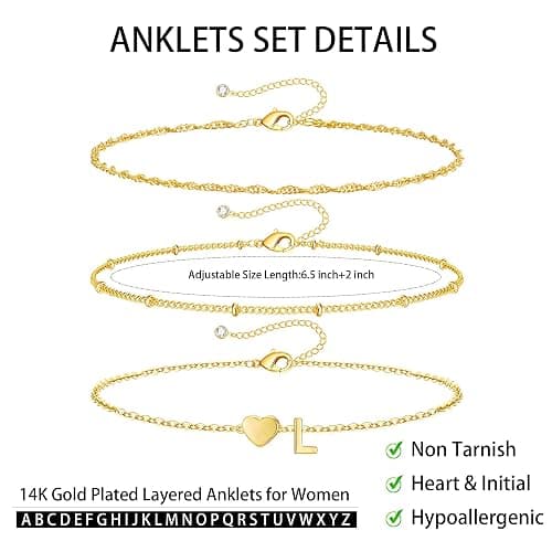 Semoya 2/3PCS Heart Initial Ankle Bracelets for Women Waterproof,Dainty Gold/Black Layered Anklets for Women Non Tarnish Set Summer Beach Jewelry Gift for Vacation Bikini Outfits thumbnail 4