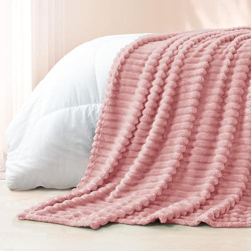 Exclusivo Mezcla Fleece Throw Blanket for Couch, Super Soft Striped Jacquard Bed Blanket, Lightweight Fuzzy Cozy for All Seasons, 127x152 CM, Pink thumbnail 5