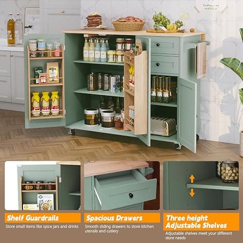 HLR Kitchen Island with Storage, Sage Green Rolling Kitchen Cart on Wheels with Drop-Leaf Bar Countertop, Islands Prep Table with Side Open Spice Rack and Tower Rack, Extra Storage for Kitchen - Green thumbnail 6