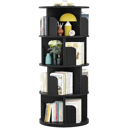 Aheaplus Rotating Bookshelf, 360 Revolving Bookshelf Tower for Small Space, 4 Tier Floor Standing Bookcase Storage Rack, Wood Narrow Book Shelf Organizer for Bedroom, Living Room, Study Room, Black - Image 1