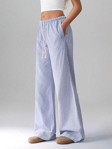 ZAFUL Casual Pants for Women, Pajama Pants Stripe Home Pants Palazzo Drawstring Waist Straight Leg thumbnail 4