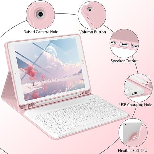 BQDIYOO Keyboard Case for iPad 9th/8th/7th Generation(2021/2020/2019), 10.2 inch iPad 9/8/7 Case with Keyboard, Auto Wake Sleep Cover with Pencil Holder, Pink thumbnail 7