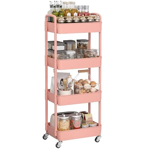 Sywhitta 4-Tier Plastic Rolling Utility Cart with Handle, Multi-Functional Storage Trolley for Office, Living Room, Kitchen, Movable Storage Organizer with Wheels, Pink thumbnail 8