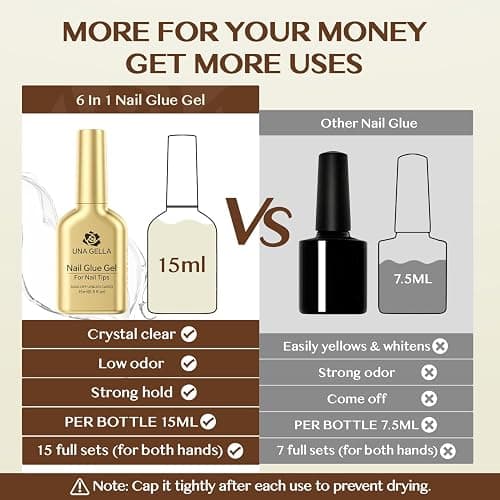 UNA GELLA 6 in 1 Gel Nail Glue for Clear Acrylic Nails Tips, 15ml UV Nail Glue Long Lasting Super Strong Brush for Base Coat, Clear Fake Nails, and Soft Gel Tips Lamp Curing Required thumbnail 5