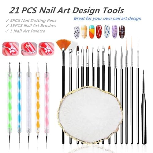 FULINJOY 21Pcs Nail Art Design Tool Kits - 1 Resin Nail Art Palette, 5 Nail Art Dotting Pens, 15 Nail Art Brushes, Nail Polish Mixing Palette Double-Ended Dotting Pen Nail Liner Nail Drawing Brushes thumbnail 7