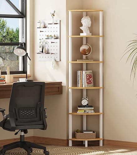 Corner Shelf, 6-Tier Corner Bookshelf, Industrial Corner Ladder Shelf, DIY Storage Shelves, Rustic Display Shelf for Living Room, Bedroom, Kitchen, Home Office, White and Nature Wood Color UJSJ004Q thumbnail 2