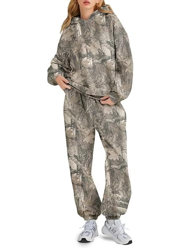 ACCPUR 2 Piece Camo Sweatsuits for Women Oversized Maple Leaf Hoodies Sets Graphic Sweatshirts Tracksuits Fleece Fall Outfits thumbnail 2