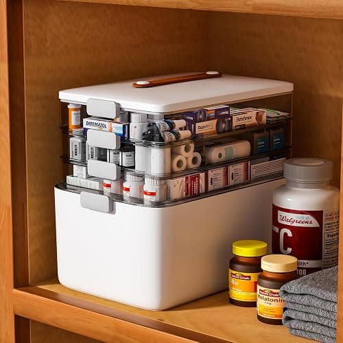 funest 4-Tier Medicine Storage Box Cabinet, Empty First Aid Kit Portable Medical Supply Organizer with Leather Handle for Home thumbnail 5