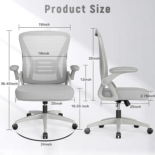 naspaluro Ergonomic Office Chair, Mid Back Desk Chairs with Adjustable Height, Swivel Chair with Flip-Up Arms and Lumbar Support, Breathable Mesh Computer Chair for Home/Study/Working, Grey thumbnail 3