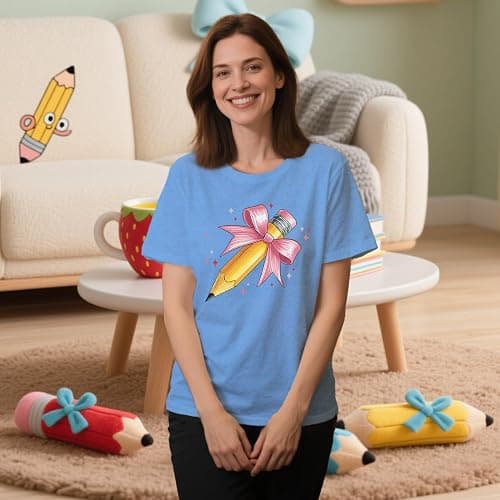 IFQ Teacher Shirts for Women Cute Bow Pencil Teacher T-Shirt Back to School Teaching Life Tee thumbnail 2