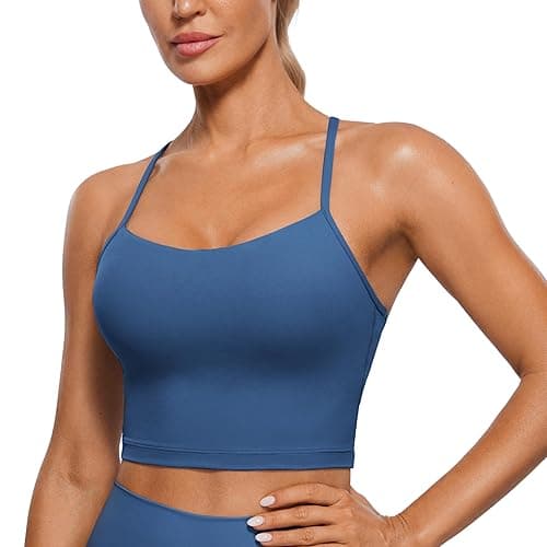 CRZ YOGA Womens Butterluxe Y Back Longline Sports Bras - Spaghetti Straps Racerback Padded Yoga Workout Crop Tank Top - XX-Small - Pitch Blue