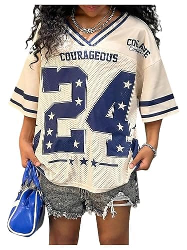 RoseSeek Girl's Y2K Mesh Oversized Jersey Tops Number Star Graphic Tees Vintage V Neck T Shirts - Image 1