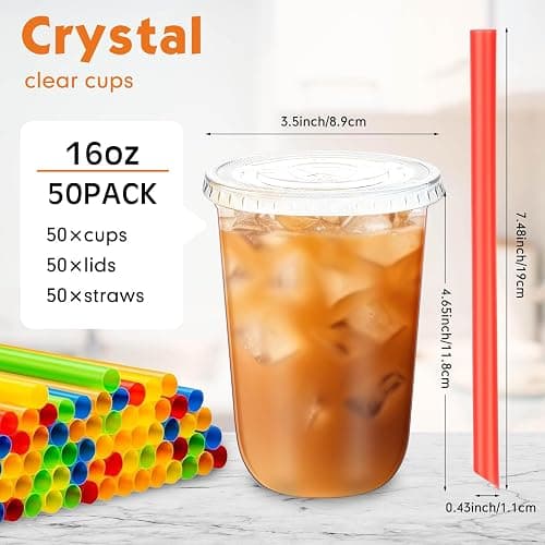 Ziliny 50 Sets Clear Cups with Flat Lids and Jumbo Smoothie Straws Disposable Plastic Drinking Cups for Smoothies, Milkshakes, Milk Tea, Cold Drinks(16 oz) - 16 oz thumbnail 3