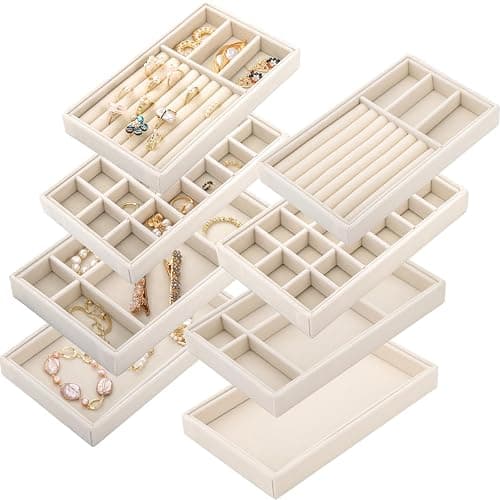 Elsjoy 8 Pack Velvet Jewelry Trays, Stackable Jewelry Organizer Trays for Drawers, Beige Jewelry Storage and Display Tray Inserts for Necklaces, Rings, Earrings - Image 1