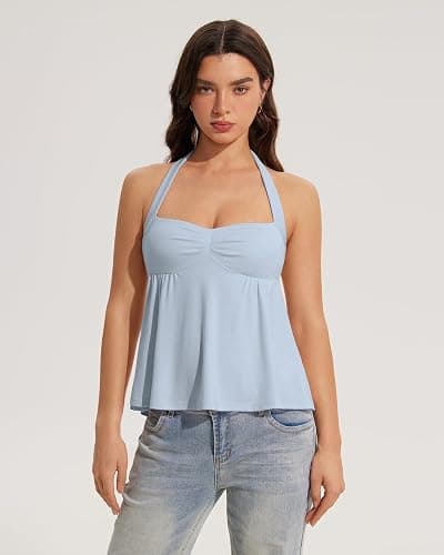 OMKAGI Cute Peplum Halter Tops for Women Built in Bra Sleeveless Going Out Tank Top thumbnail 2