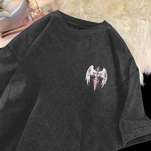 Lytiarul Vintage Goth Punk Shirts for Men Grunge Streetwear Oversized Tshirts Gothic Cross Y2k Graphic Tees Acid Wash T Shirt thumbnail 5